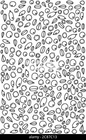 Malseite mit Beerenmuster. Vektor handgezeichnete Illustration von Brombeere, Preiselbeere, Preiselbeere, Heidelbeere, Blaubeere, Sanddorn, Moos und Blatt Stock Vektor