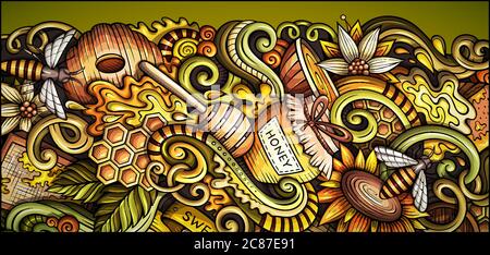 Honig handgezeichnete Doodle Banner. Cartoon detaillierter Flyer. Stock Vektor
