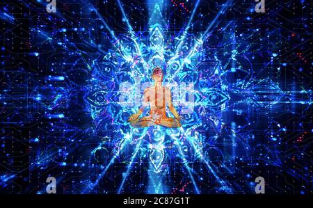 Menschliche Silhouette meditiert oder macht Yoga om einem psychedelischen Hintergrund Stockfoto