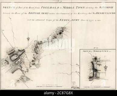 Skizze eines Teils der Straße von Freehhold nach Mittelstadt, die das Gefecht zwischen dem Heck der britischen Armee unter dem Kommando seiner Exzellenz Genl zeigt: Sir Henry Clinton und das Vorrücken-Korps der Rebellenarmee, 28. Juni 1778 Stockfoto