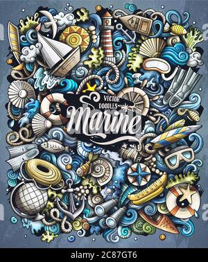 Marine handgezeichnete Vektor-Doodles-Illustration. Farbe lustige Bild. Stock Vektor