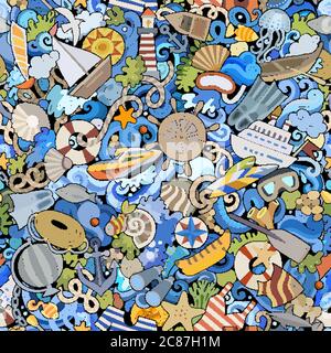 Cartoon niedliche Kritzeleien Hand gezeichnet Marine nahtlose Muster. Stock Vektor