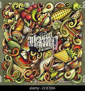 Mexikanische Lebensmittel handgezeichnete Vektor-Doodles Illustration. Kuche Poster Design. Stock Vektor