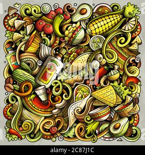 Mexikanische Lebensmittel handgezeichnete Vektor-Doodles Illustration. Kuche Poster Design. Stock Vektor