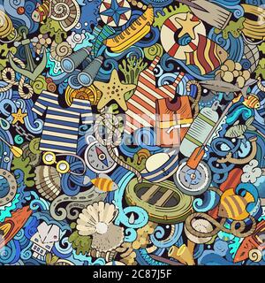 Cartoon niedliche Kritzeleien Hand gezeichnet Marine nahtlose Muster. Stock Vektor