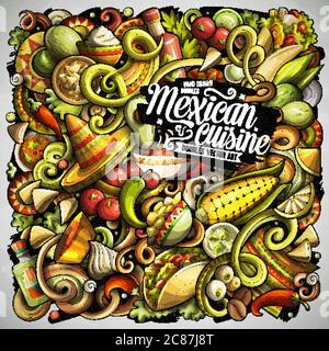 Mexikanische Lebensmittel handgezeichnete Vektor-Doodles Illustration. Kuche Poster Design. Stock Vektor