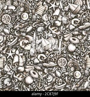 Cartoon niedliche Kritzeleien Hand gezeichnet Marine nahtlose Muster. Stock Vektor