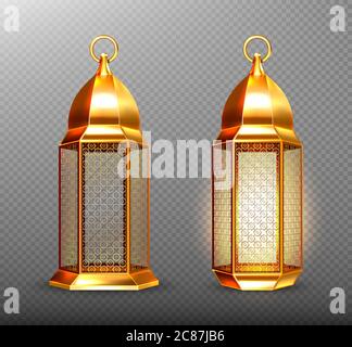 Arabische Lampen, goldene Laternen mit arabischem Ornament, Ring, Platz für Kerze. Zubehör für islamischen ramadan Urlaub. Realistische 3d Vektor Vintage leuchtende Leuchten isoliert auf transparentem Hintergrund Stock Vektor