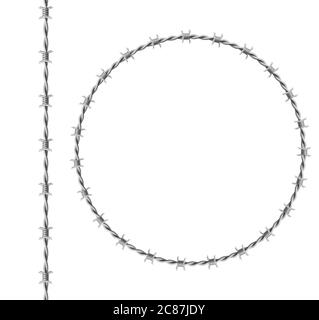 Stahl Barbwire Set, Kreis Rahmen aus verdrehtem Draht mit Widerhaken isoliert auf weißem Hintergrund. Vektor realistische nahtlose Grenze von Metallkette mit scharfen Dornen für Gefängniszaun, militärische Grenze Stock Vektor