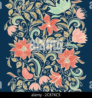 Vertikale nahtlose bunte Blumenmuster in Doodle-Stil mit Blumen. Blätter und Vögel. Vektor Stock Vektor