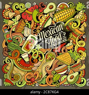 Mexikanische Lebensmittel handgezeichnete Vektor-Doodles Illustration. Kuche Poster Design. Stock Vektor