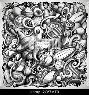 Mexikanische Lebensmittel handgezeichnete Vektor-Doodles Illustration. Kuche Poster Design. Stock Vektor