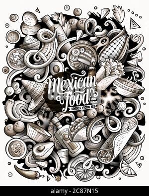 Mexikanische Lebensmittel handgezeichnete Vektor-Doodles Illustration. Kuche Poster Design. Stock Vektor