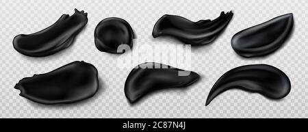 Schwarze Holzkohle Creme Farbfelder isoliert auf transparentem Hintergrund. Vector realistische Abstriche Set von Hautpflegemitteln Kosmetik, Bambus Zahnpasta. Flecken von Schönheitsprodukt für Gesicht oder Körperpflege Stock Vektor