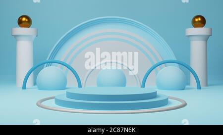 3d Rendern leerer hellblauer Ständer für Produktanzeige mit geometrischer Form. Stockfoto