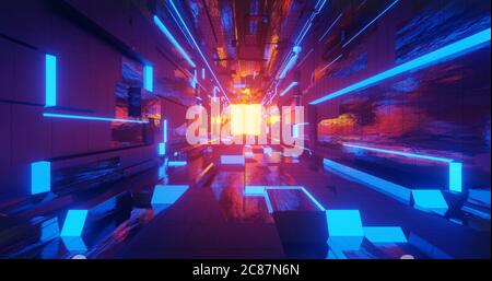 3d Render Neon Sci-Fi Metall Korridor Hintergrund mit blauen, gelben, orangen Lichteffekt. Stockfoto