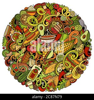 Mexikanische Lebensmittel handgezeichnete Vektor-Doodles Illustration. Kuche Poster Design. Stock Vektor
