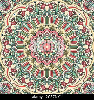 Nahtlos bunte Blumen handgezeichnete Muster mit Mandala. Rundes Ornament in Retro-Farben. Traditionelles orientalisches Muster, Vektorgrafik Stock Vektor