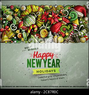 Cartoon Vektor Kritzeleien Frohe Weihnachten horizontale Streifen Karte Design Stock Vektor