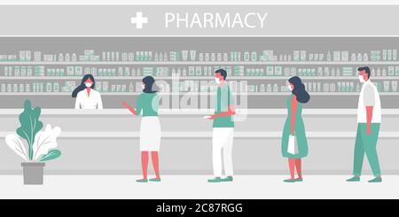 Apotheke während der Coronavirus-Epidemie. Menschen in medizinischen Masken in der Apotheke. Der Apotheker steht in der Nähe der Regale mit Medikamenten Stock Vektor