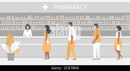 Apotheke während der Coronavirus-Epidemie. Menschen in medizinischen Masken in der Apotheke. Der Apotheker steht in der Nähe der Regale mit Medikamenten Stock Vektor