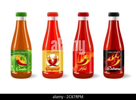 Chili Pepper Sauce Set. Tomate, exotisch, extrem würzige Sause in Glasflasche isoliert auf weißem Hintergrund. Vektorgrafik Stock Vektor