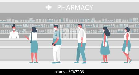 Apotheke während der Coronavirus-Epidemie. Menschen in medizinischen Masken in der Apotheke. Der Apotheker steht in der Nähe der Regale mit Medikamenten Stock Vektor