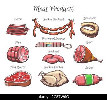 Bunte Set von appetitlichen Fleischprodukten. Handgezeichnete Skizze von Speck, Würstchen, Schinken, Salami usw. Vektorgrafik. Stock Vektor