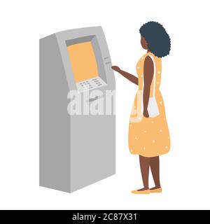 Schwarze Frau zieht Geld von einem Geldautomaten. Junge Frau benutzt Terminal. Vektorgrafik in flacher Form Stock Vektor