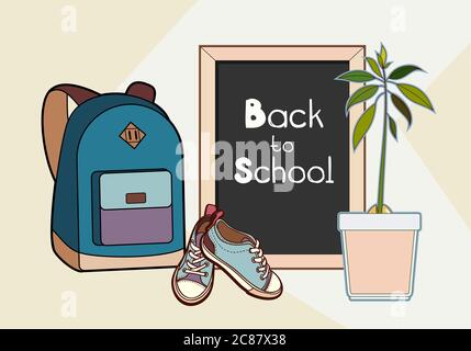 Zurück zur Schule Schriftzug Vektor Illustration. Rucksack, Tafel, Turnschuhe und grüne Pflanze Vektor isoliert Set Stock Vektor