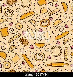 Hand gezeichnete nahtlose Muster von Bäckereielementen, Brot, Gebäck, Croissant, Kuchen, Donut. Doodle-Skizzenstil. Backelement mit digitalem Stift gezeichnet. Vektor-Illustration für Banner, Stoff, Textil-Design. Stock Vektor