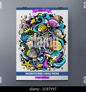 Cartoon handgezeichnete Doodles Sea Life Poster Design Stock Vektor