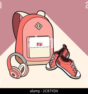 Rucksack, Sneaker und Kopfhörer Vector Isolate Set. Jugend Mode Hipster Rucksack Schuhe Illustration Logo Schild Poster Stock Vektor