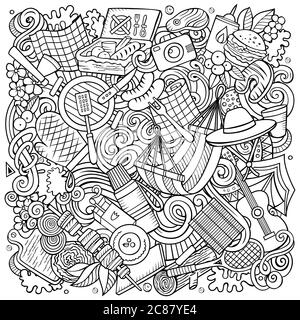 Picknick handgezeichnete Vektor-Doodles Illustration. BBQ Poster Design. Stock Vektor