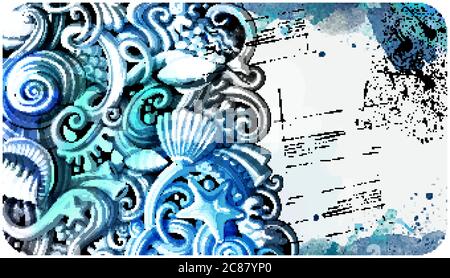 Sea Life handgezeichnetes Doodle-Banner. Cartoon detaillierter Flyer. Stock Vektor