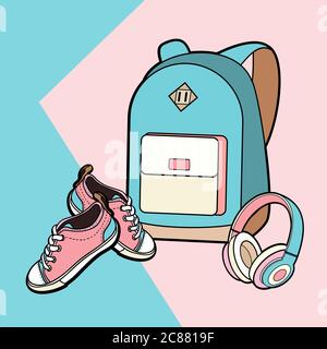 Rucksack, Sneaker und Kopfhörer Vector Isolate Set. Jugend Mode Hipster Rucksack Schuhe Illustration Logo Schild Poster Stock Vektor