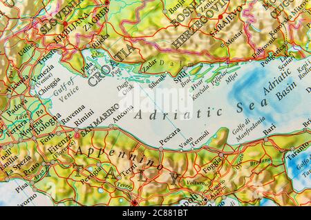 Geographische Karte der europäischen Adria Stockfoto