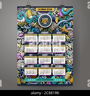Cartoon bunte Hand gezeichnete Kritzeleien Unterwasserleben 2021 Jahr Kalender Vorlage. Stock Vektor