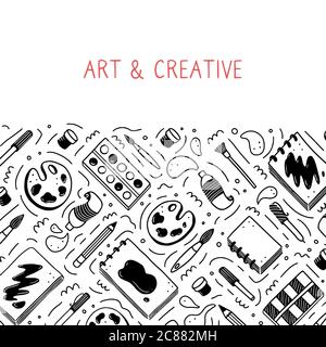 Handgezeichnete Set von kreativen Künstler-Tools Element, Pinsel, Bleistift, Farbe, Skizzenbuch, Marker. Doodle-Skizzenstil. Artist Element gezeichnet mit digitalem Stift. Vektor-Illustration für Banner, Symbol, Handwerk Design Stock Vektor