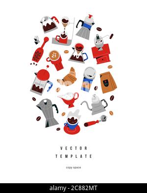 Kaffee-Banner Anordnung, Utensilien, Werkzeuge und Geschirr für die Zubereitung von Kaffeetrinken, Sammlung von isolierten Vektor-Doodle-Illustrationen, handgezeichnet Stock Vektor