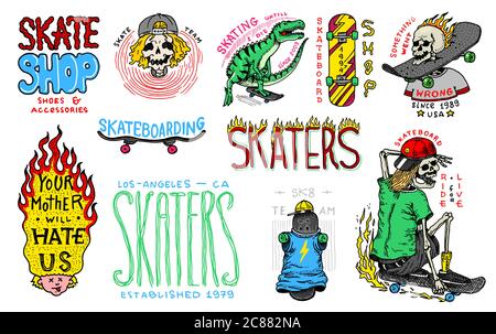 Skateboard Shop Badges und Logo Set. Vintage Retro Vorlagen für T-Shirts und Typografie. Straße Dinosaurier und Skelette fahren auf dem Brett Konzept Stock Vektor