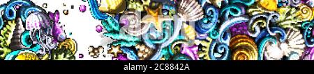 Sea Life handgezeichnetes Doodle-Banner. Cartoon detaillierter Flyer. Stock Vektor
