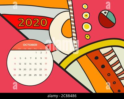 2020 Oktober Kalender abstrakte zeitgenössische Kunst Vektor. Schreibtisch, Bildschirm, Desktop Monat 10, 2020, farbenfroher Kalender 2020 Stock Vektor