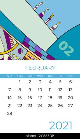 2021 februar Kalender abstrakte zeitgenössische Kunst Vektor. Schreibtisch, Bildschirm, Desktop Monat 02, 2021, farbenfroher Kalender 2021 Stock Vektor