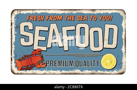 Meeresfrüchte vintage rostigen Metall-Zeichen auf einem weißen Hintergrund, Vektor-Illustration Stock Vektor