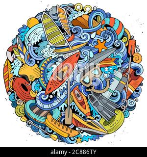 Wassersport handgezeichnete Vektor-Doodles-Illustration. Stock Vektor