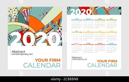 2020 Taschenkalender abstrakte zeitgenössische Kunst Vektor-Set. Schreibtisch, Bildschirm, Desktop Monate 2020, farbenfrohe Kalendervorlage Stock Vektor