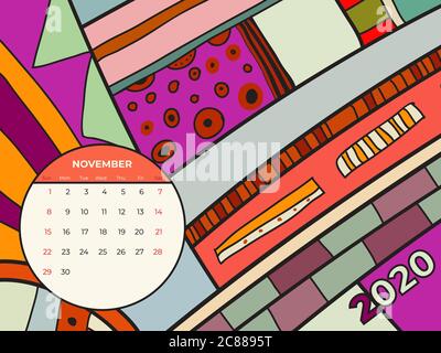 2020 November Kalender abstrakte zeitgenössische Kunst Vektor. Schreibtisch, Bildschirm, Desktop Monat 11, 2020, farbenfroher Kalender 2020 Stock Vektor