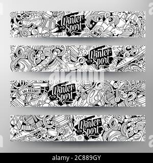 Cartoon niedlichen Vektor Hand gezeichnet Doodles Wintersport Banner Stock Vektor