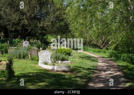 Sommerlicht auf einem gewundenen Pfad durch einen Kirchhof, Newport Pagnell, Buckinghamshire, Großbritannien Stockfoto